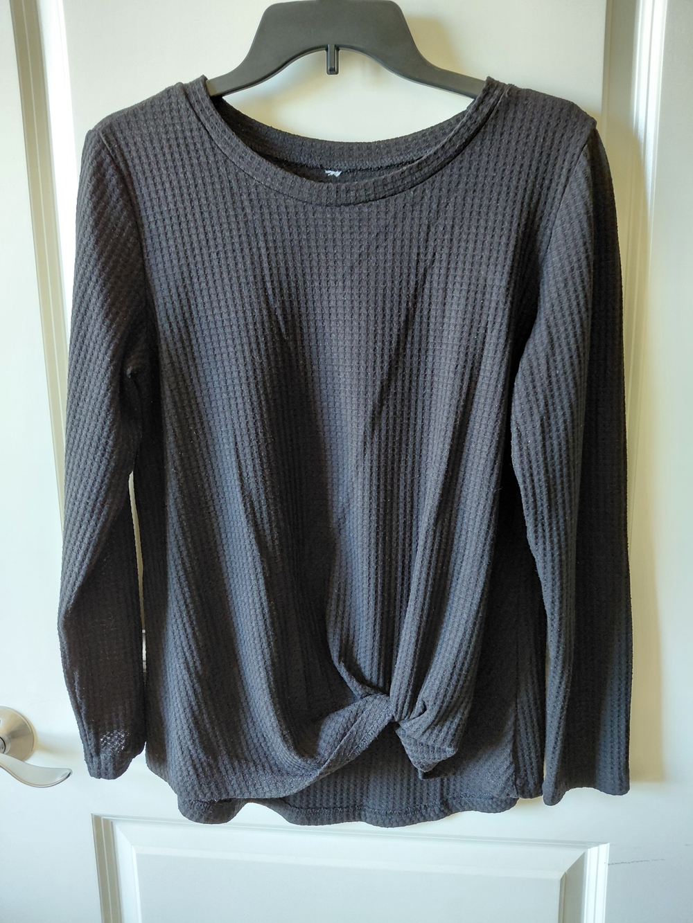 Waffle Knit Long-Sleeve Twist Front Top - Black
